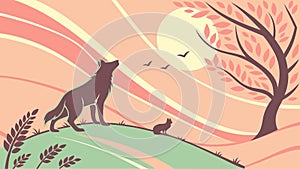 Wolf Howling Forest Moon Wildlife Nature Scene, vector design Generative AI
