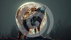 Wolf howling in front of full moon background on the mountain top in midnight AI generated