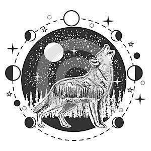 Wolf howling at full moon in night boho wild animal