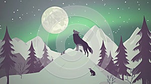 Wolf Howling at Full Moon with Northern Lights in Snow-Covered Forest photo