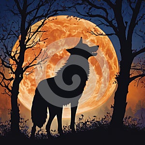 Wolf Howling at a Halloween Moon in a forest with scraggly trees