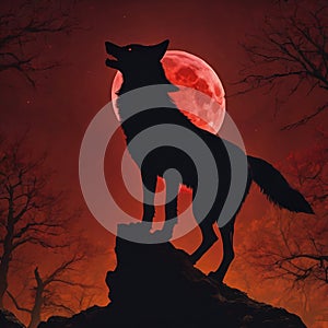Wolf Howling at a Halloween Moon on a Rock in a forest with scraggly trees