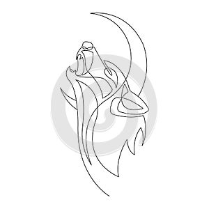 Wolf howling at the moon drawn in a continuous line in a minimalist style. Design suitable for modern tattoos, decor, logo