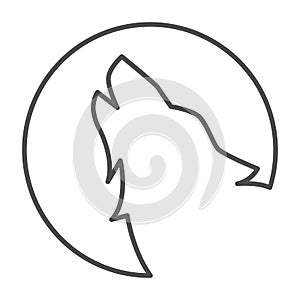 Wolf howling at moon thin line icon, Halloween concept, Wolf and moon sign on white background, Howling coyote icon in