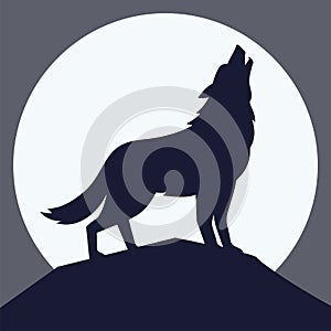 The wolf howling at the moon, vector illustration, silhouette of wolf