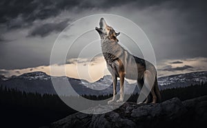 A wolf howling on a rock howling to the moon with blurred background generative AI