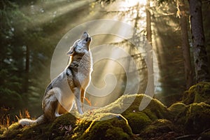 Wolf howling on a rock under a beam of light at sunrise. Amazing Wildlife. Generative Ai