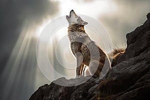 Wolf howling on a rock under a beam of light at sunrise. Amazing Wildlife. Generative Ai