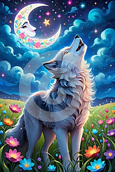 A wolf howling to the moon, cute crescent moon, half moon, fluffy clouds, flowers field, painting, twinkling stars