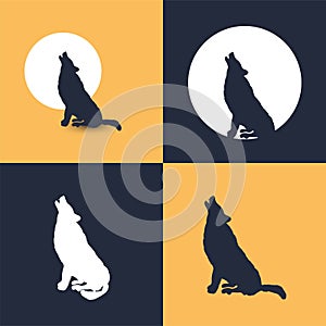 Wolf howling vector illustration with moon. Scary wildlife wolf howling design on a yellow and black background. Collection of