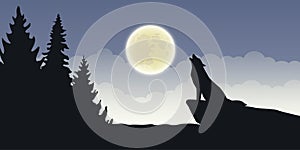 Wolf howls at full moon blue mystic nature landscape