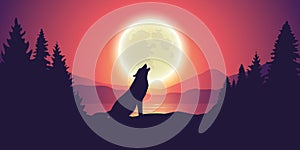 Wolf howls the moon by the lake at forest and mountain landscape