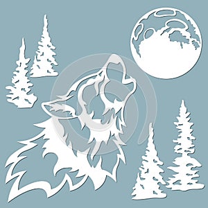 The wolf howls at the moon. Vector illustration. Paper wolf sticker. Laser cut. Template for laser cutting and Plotter. Vector photo