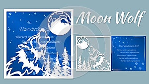 The wolf howls at the moon. Vector illustration. Paper wolf sticker. Laser cut. Template for laser cutting and Plotter. Vector