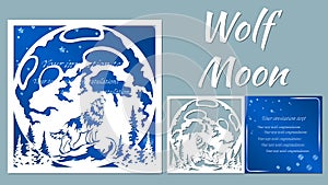 The wolf howls at the moon. Vector illustration. Paper wolf sticker. Laser cut. Template for laser cutting and Plotter. Vector