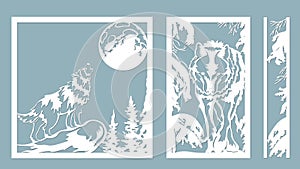 The wolf howls at the moon. Vector illustration. Paper wolf sticker. Laser cut. Template for laser cutting and Plotter. Vector