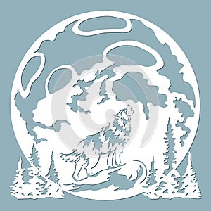 The wolf howls at the moon. Vector illustration. Paper wolf sticker. Laser cut. Template for laser cutting and Plotter. Vector