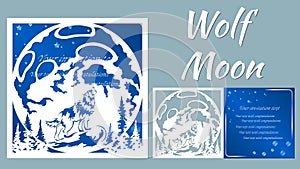 The wolf howls at the moon. Vector illustration. Paper wolf sticker. Laser cut. Template for laser cutting and Plotter. Vector