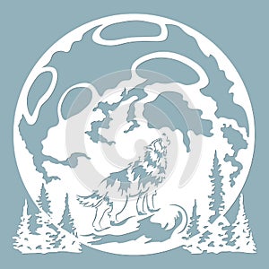 The wolf howls at the moon. Vector illustration. Paper wolf sticker. Laser cut. Template for laser cutting and Plotter. Vector