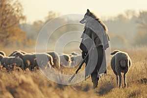 Wolf with human body as a shepherd grazing sheep in the field. Concept of pretense, deceptive appearance.