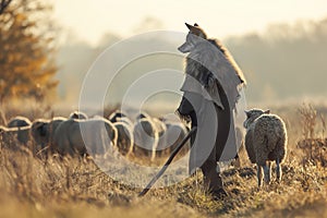 Wolf with human body as a shepherd grazing sheep in the field. Concept of pretense, deceptive appearance.