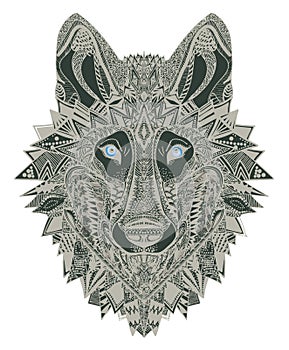 Wolf,husky,dog patterned head.Ethnic style wolf head design