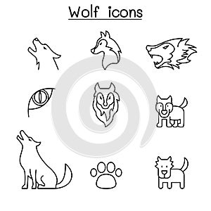 Wolf icon set in thin line style vector illustration
