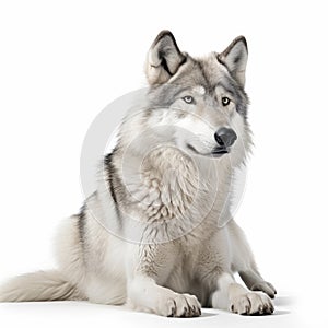 A wolf isolated on a white background. Canis lupus portrait on a plain backdrop.