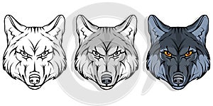 Wolf, isolated on white background, colour illustration, suitable as logo or team mascot, dangerous forest predator, wolf`s head,