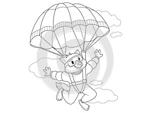 Wolf jumps with a parachute, flying in the sky. Vector isolated, children coloring book.