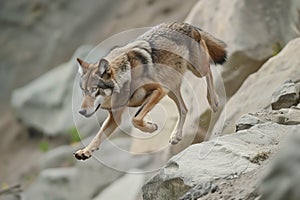 wolf leaping between rocks on steep incline