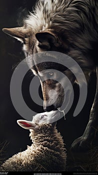 Wolf Licking Sheeps Face in a Unique Greeting. Generative AI.