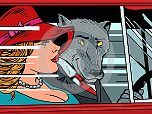 Wolf and Little Red Riding Hood in the car