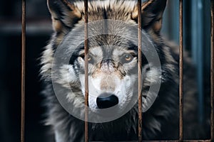 Wolf locked in cage. Lonely wolf in captivity behind a fence with sad look. Concept of animal rights, wildlife