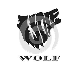 Wolf logo concept. The writing that forms the wolf's head on white background