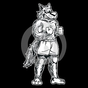 Wolf Logo Mascot Black and White Illustration standing for Fitness