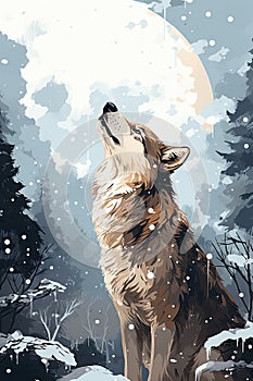 a wolf looking up at the moon