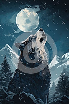 a wolf looking up at the moon