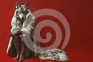 Wolf in luxury wealthy fancy chic luxurious impeccable fur feather fabric outfits isolated on bright background