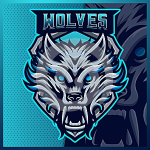 Wolf mascot esport logo design illustrations vector template, Blue Fox logo for team game streamer youtuber banner twitch discord