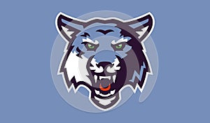 Wolf mascot logo. Wild animal head logo with grin. Badge, sticker of a wolf for a team, sports club. Isolated vector