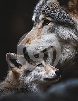 Wolf mother nuzzling her puppy wolf cute portrait