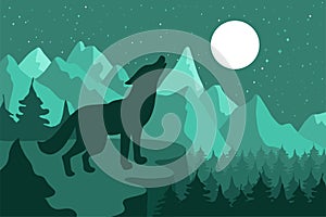 Wolf in the night coniferous forest near the mountains under moon