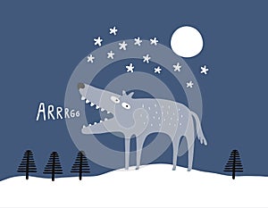 Wolf at night in a winter landscape