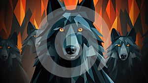 A wolf with orange eyes and a fire in the background, AI