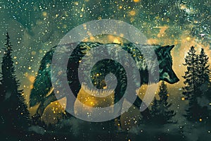 A wolf overlaid with the silhouette of a dense forest under a starry night sky in a double exposure