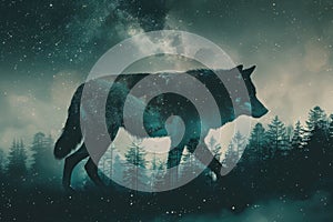 A wolf overlaid with the silhouette of a dense forest under a starry night sky in a double exposure