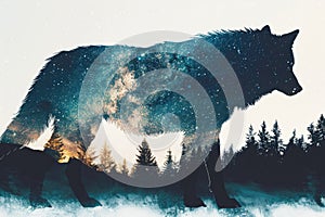 A wolf overlaid with the silhouette of a dense forest under a starry night sky in a double exposure