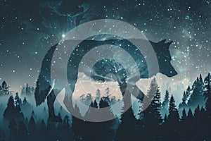 A wolf overlaid with the silhouette of a dense forest under a starry night sky in a double exposure