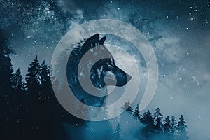 A wolf overlaid with the silhouette of a dense forest under a starry night sky in a double exposure